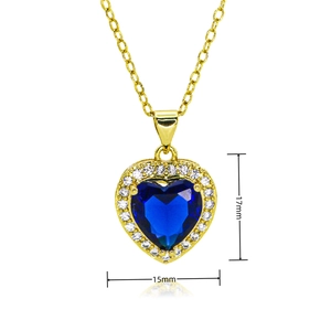 Detail view of heart pendant necklace measuring 17mm by 15mm with blue zircon stone