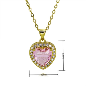 Macro view of heart pendant necklace with pink zircon and 17mm x 15mm dimensions
