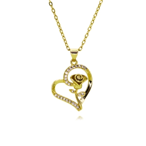 French style gold heart pendant necklace with rose design and sparkling zircon inlays
