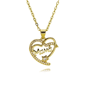 Close-up of golden heart pendant with Mama lettering and white zircon pavé setting