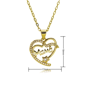 Detail view of a gold heart pendant necklace featuring Mama text and sparkling zircons