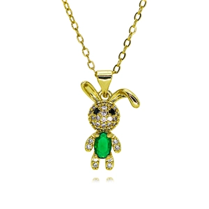 Golden rabbit necklace with green gemstone and micro-paved cubic zirconia accents