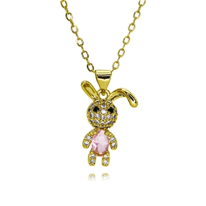 Detailed view of the gold rabbit pendant with pink stone and micro-pave cubic zirconia