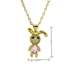 Gold rabbit pendant necklace with micro-paved zircons and pink oval gemstone detail