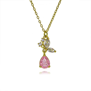 Gold butterfly necklace featuring pink pear-shaped gemstone and sparkling zircons