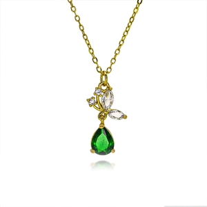 Elegant butterfly zircon necklace with gold chain and pear-shaped green gemstone pendant
