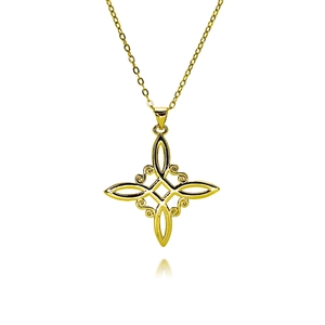 Golden Celtic knot pendant necklace with zircon flower design on a white background