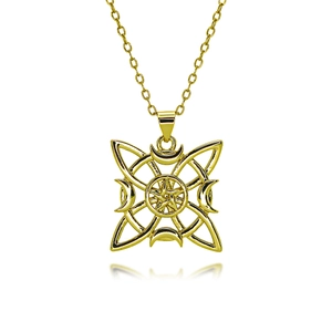 Gold Celtic knot necklace with moon and pentacle pendant on a vertical o-chain