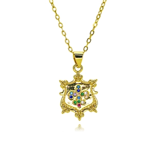 18k gold plated brass shield pendant with colorful fleur-de-lis pattern and chain