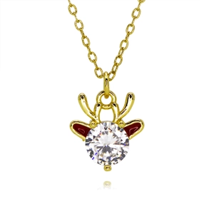 Exquis collier pendentif renne plaqué or 18k avec zircon brillant et émail rouge