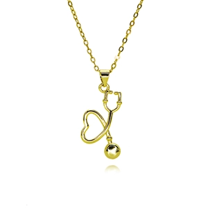 Gold Plated Copper Stethoscope Heart Pendant Necklace With Zirconia Enamel For Women Doctor Nurse Medical Jewelry Gift