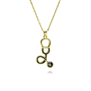 Minimalist gold stethoscope pendant necklace with black enamel for healthcare professionals