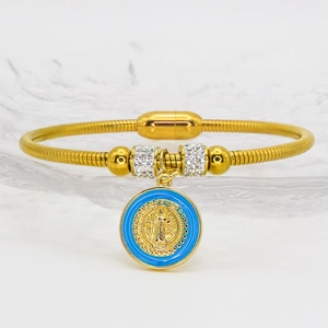 Gold snake chain bracelet with blue enamel religious pendant and crystal beads decoration