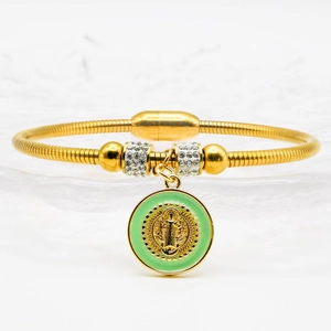 Golden St. Benedict bangle with green enamel, pavé crystals and magnetic closure