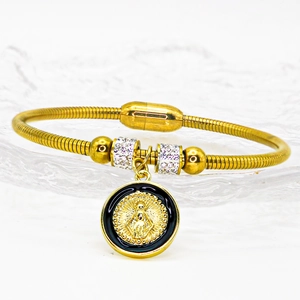 Vergoldetes Edelstahl-Schlangenarmband mit religiösem Anhänger und Kristallperlen