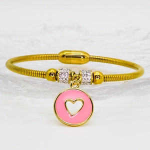 Bracciale a cuore dorato con chiusura magnetica, perle di zircone e ciondolo in smalto rosa