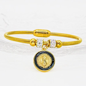 Bracciale Catena a Serpente Acciaio Inox Oro Smalto Vergine Maria Pendente Strass Chiusura Magnetica Donna Gioielli