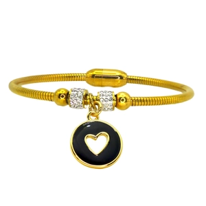 Bracciale a catena serpente in acciaio dorato con ciondolo a cuore nero e cristalli