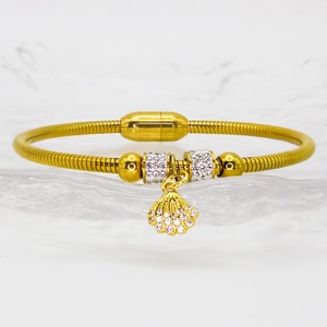 Luxurious gold stainless steel shell charm bracelet with sparkling crystals and magnetic clasp