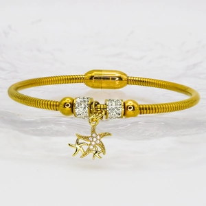 Golden stainless steel snake chain starfish bracelet with rhinestones and magnetic clasp