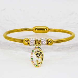 Gold stainless steel snake chain bracelet with religious Virgin Mary charm and crystals