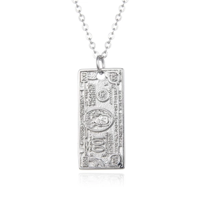 Hip hop silver 100 dollar bill pendant necklace with polished stainless steel O-chain link
