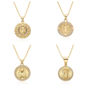Collar con Colgante de Ídolo Religioso Occidental para Mujer de Cobre Bañado en Oro Micro Incrustado Strass San Benito Medalla Virgen María Joyería