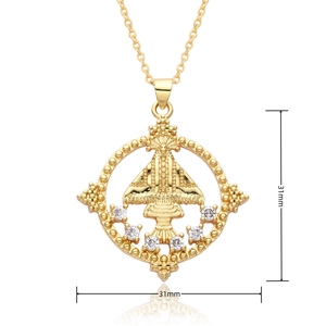 Detailed view of a 31mm 18k gold-plated religious pendant with carved figure and zircons