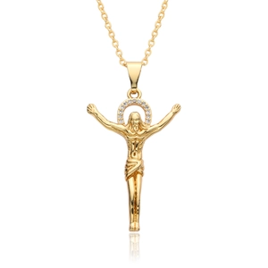 Detailed view of 18k gold plated crucifix pendant necklace with zircon halo and O-chain