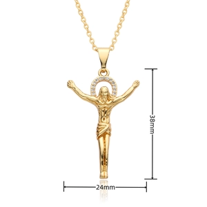 Religious 18k gold plated crucifix pendant necklace with zircon halo on white background