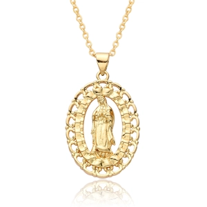 Detailed close-up of 18k gold plated oval religious Virgin Mary pendant with lace design