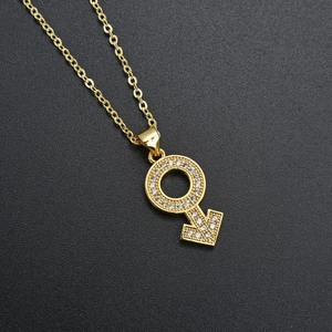 Detailopname van de gouden mannelijke symbool hanger met zirkonia op een fijne ketting