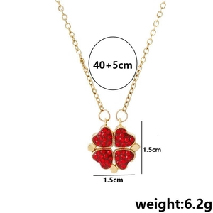 Titanium steel necklace with foldable red heart clover pendant and 18K gold finish