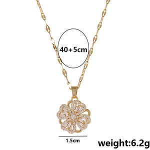 Rotating four leaf clover pendant necklace in gold titanium steel with micro cubic zirconia