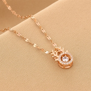 Elegant rose gold titanium steel necklace featuring a sparkling moving zircon deer pendant