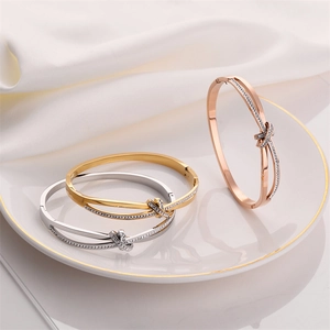 Elegant Titanium Steel Knot Bangle With Zirconia Inlay Cross Layered Open Cuff Bracelet For Women Fashion Jewelry