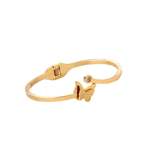 Polished gold stainless steel spring bracelet with frosted butterfly and crystal accent