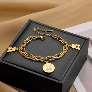 Women's Double Layer Stainless Steel Bear Charm Bracelet Gold Silver Plated Heart Hollow Out Jewelry Adjustable Fashion Accessory