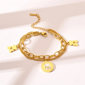 Minimalist double-layered gold teddy bear bracelet with heart pendant in stainless steel