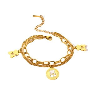 Double-layer gold stainless steel bracelet featuring bear charms and pearl shell inlay