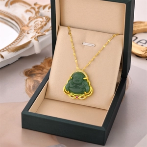 Green Laughing Buddha jade pendant necklace in gold setting with fine chain and gift box