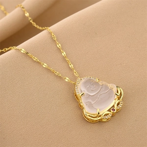 Hip hop Laughing Buddha pendant necklace with gold chain and micro-inlaid stones