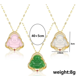 Three-color hip hop Buddha pendant necklace in pink white green faux chalcedony