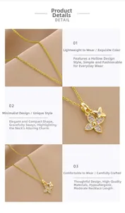 Détails d'un collier papillon doré au design ajouré et incrustations de pierres violettes