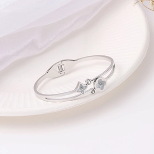 Silver titanium steel bangle featuring shell clover flowers and crystals on a white plate