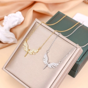 Angel Wing Zirconia Pendant Necklace For Women Stainless Steel Chain Gold Silver Plated Elegant Dainty Fashion Jewelry Gift