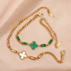 18K Gold Plated Titanium Steel Four Leaf Clover Bracelet For Women Vintage Zirconia Mother Of Artificial Pearl Cuban Chain Jewelry