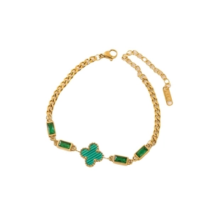 Elegant 18k rose gold clover bracelet featuring green malachite stones and gold chain