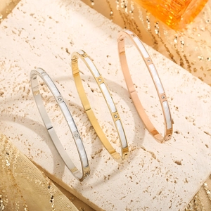 Minimalist Stainless Steel Bangle For Women White Shell Inlaid Zirconia Gold Rose Gold Silver Non-Fading Jewelry Gift