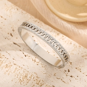Polished titanium steel bangle with double-layer zircon inlay and hollow chain design